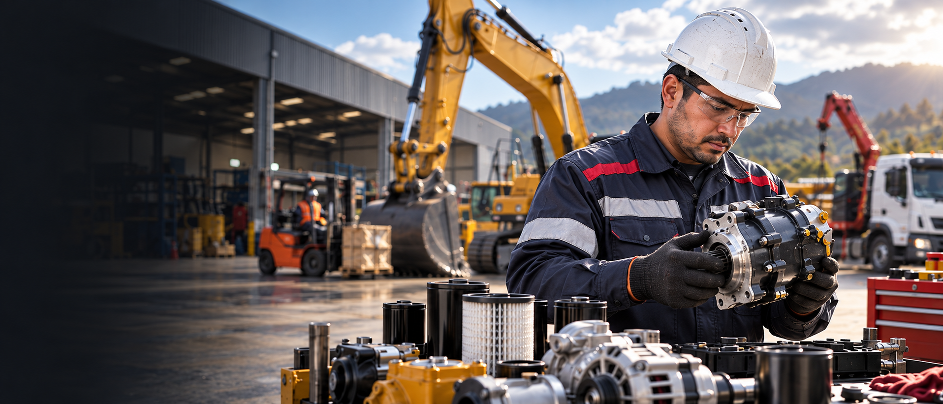 Técnico de maquinaria pesada inspeccionando un componente en taller industrial
